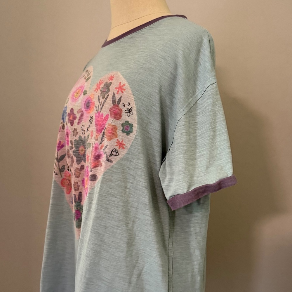Natural Life Women's Oversized Ringer Floral Heart Colorful T-shirt Size XS - Picture 4 of 7